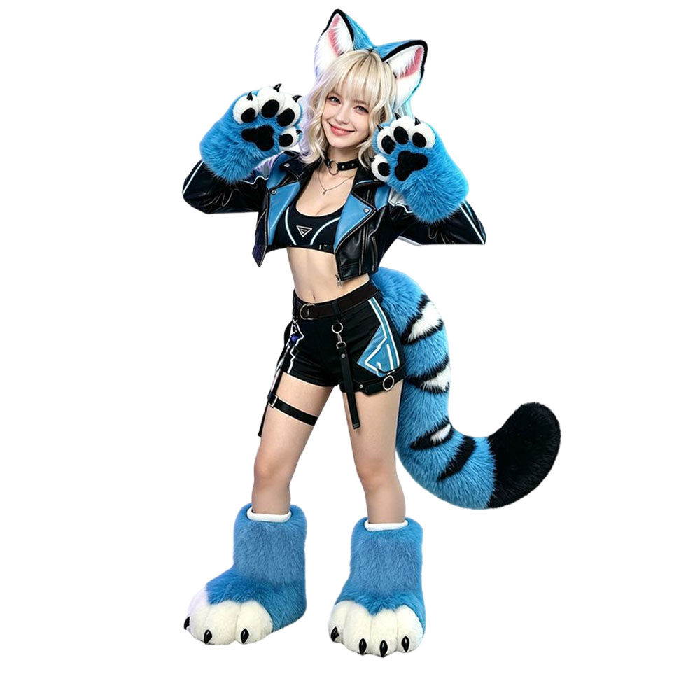 Blue Tiger Cat Girl Cosplay Se - Cat Claw Bark 评论和价格
